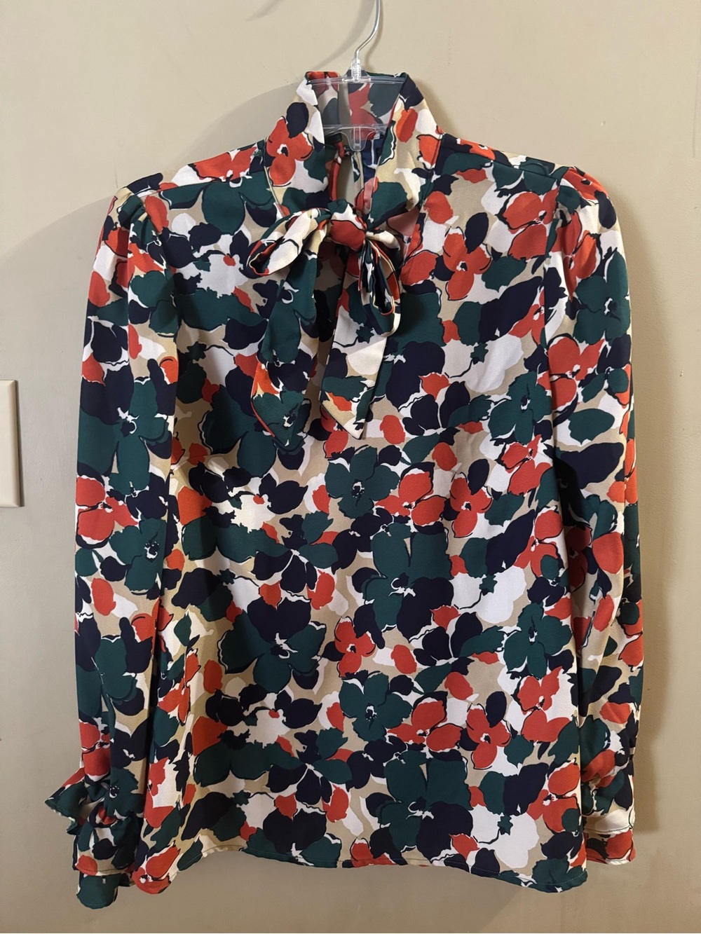 Allegra K Abstract Bold Floral Tie Neck Blouse Rust Green Rust Orange Small EUC